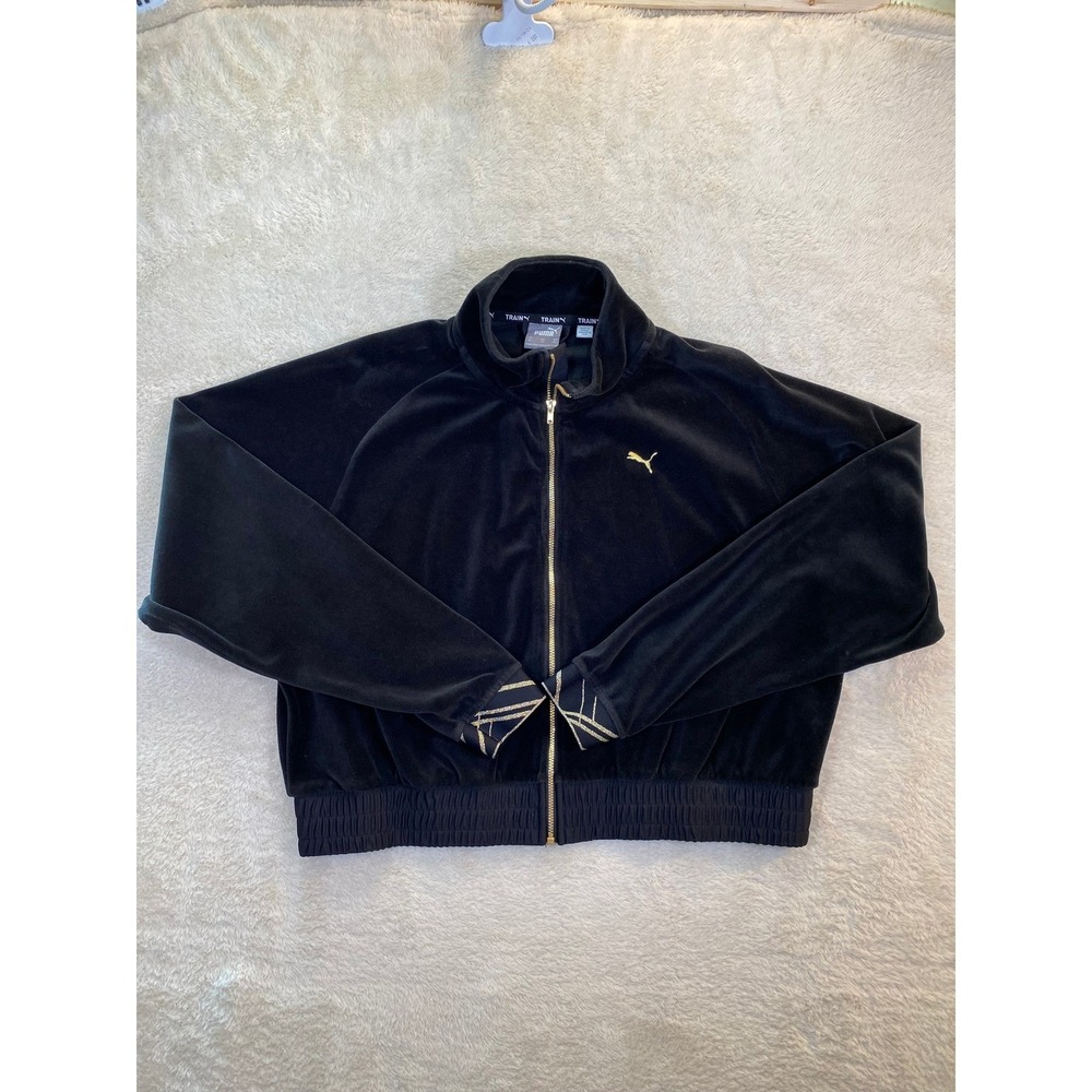 Puma Train Womens XL Velour Track Jacket Black Gold Zip Cropped Mock Neck Raglan